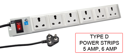 TYPE D Power Strips are used in the following Countries:
<br>
Primary Country known for using TYPE D power Strips is Afghanistan, India, South Africa.

<br>Additional Countries that use TYPE D power strips are 
Bangladesh, Botswana, Lesotho, Mozambique, Namibia, Nepal, Pakistan, Sri Lanka, Sudan, Swaziland.

<br><font color="yellow">*</font> Additional Type D Electrical Devices:

<br><font color="yellow">*</font> <a href="https://internationalconfig.com/icc6.asp?item=TYPE-D-PLUGS" style="text-decoration: none">Type D Plugs</a>

<br><font color="yellow">*</font> <a href="https://internationalconfig.com/icc6.asp?item=TYPE-D-CONNECTORS" style="text-decoration: none">Type D Connectors</a> 

<br><font color="yellow">*</font> <a href="https://internationalconfig.com/icc6.asp?item=TYPE-D-OUTLETS" style="text-decoration: none">Type D Outlets</a> 

<br><font color="yellow">*</font> <a href="https://internationalconfig.com/icc6.asp?item=TYPE-D-POWER-CORDS" style="text-decoration: none">Type D Power Cords</a> 


<br><font color="yellow">*</font> <a href="https://internationalconfig.com/icc6.asp?item=TYPE-D-ADAPTERS" style="text-decoration: none">Type D Adapters</a>

<br><font color="yellow">*</font> <a href="https://internationalconfig.com/worldwide-electrical-devices-selector-and-electrical-configuration-chart.asp" style="text-decoration: none">Worldwide Selector. All Countries by TYPE.</a>

<br>View examples of TYPE D power strips below.